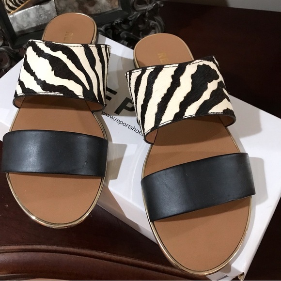 🦓REPORT Black Exotic Slip On Sandals - Picture 1 of 11